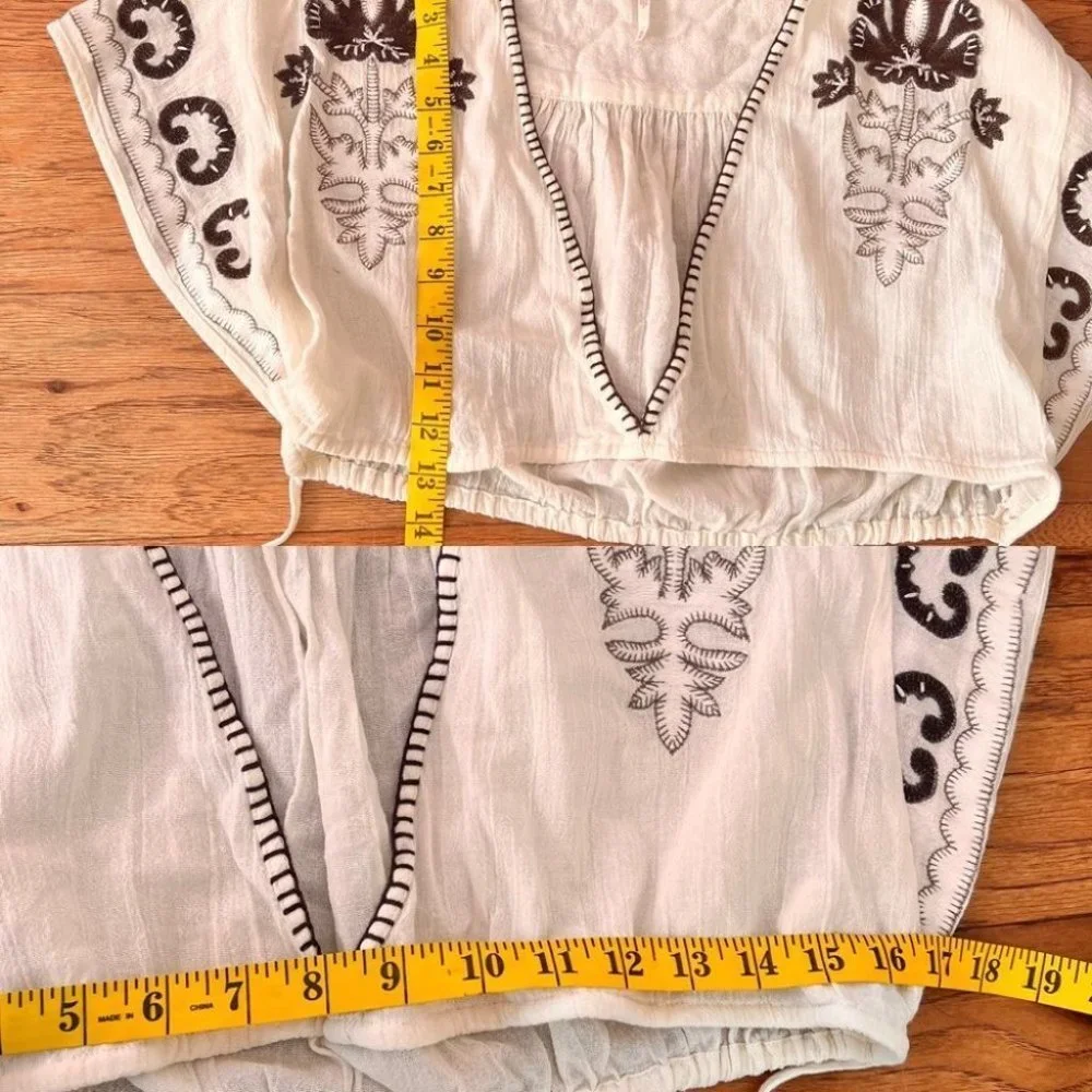 FREE People Kai Embroidered Cropped Top Pants Set Cream Brown Medium New - Picture 8 of 12